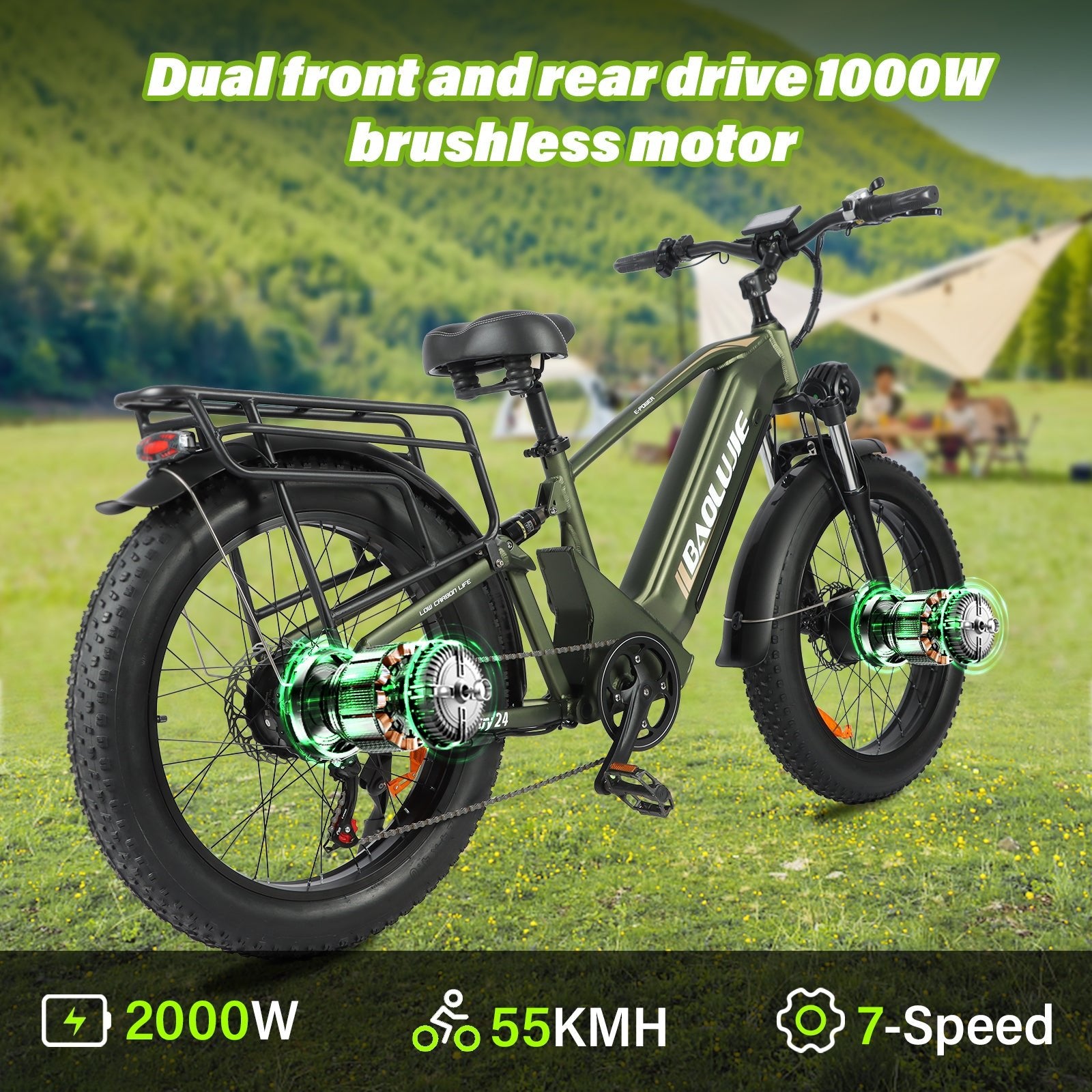 (b - side - 2401)P2 AWD Electric Bike for Adults 4000W 35MPH 53V23AH Battery | Hydraulic Disc Brakes | ShiMN 21 Speed | 20''×4.0 Fat Tire Ebike | Adjustive Suspension Fork Electric Mountain Bike - baolujieebikes