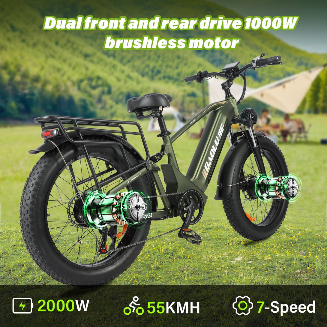 (b - side - 2401)P2 AWD Electric Bike for Adults 4000W 35MPH 53V23AH Battery | Hydraulic Disc Brakes | ShiMN 21 Speed | 20''×4.0 Fat Tire Ebike | Adjustive Suspension Fork Electric Mountain Bike - baolujieebikes