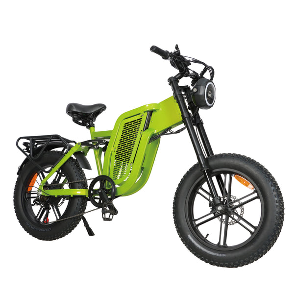 (b-side-green) P Powerful Retro Electric Bike features a 960W dual-drive motor, 48V 20AH battery, SHIMANO 7-speed gears, and front & rear hydraulic disc brakes, blending vintage styling with modern performance for urban and adventure riding.