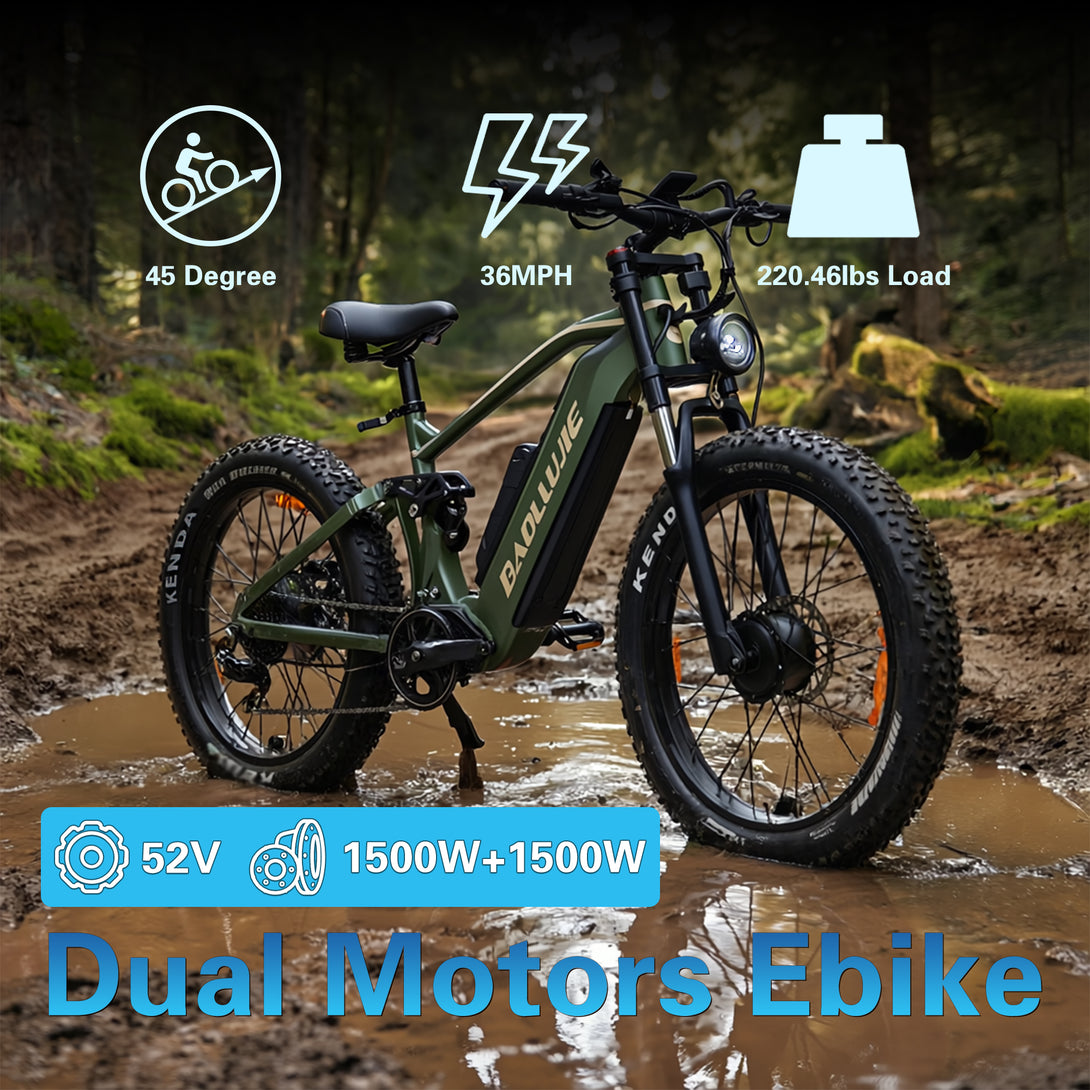 Baolujie Warrior Dual Motor Electric Mountain Bike 1500W Dual Motors Up to 36MPH 26*4 FatTire Mountain off - road electric bicycle - baolujieebikes