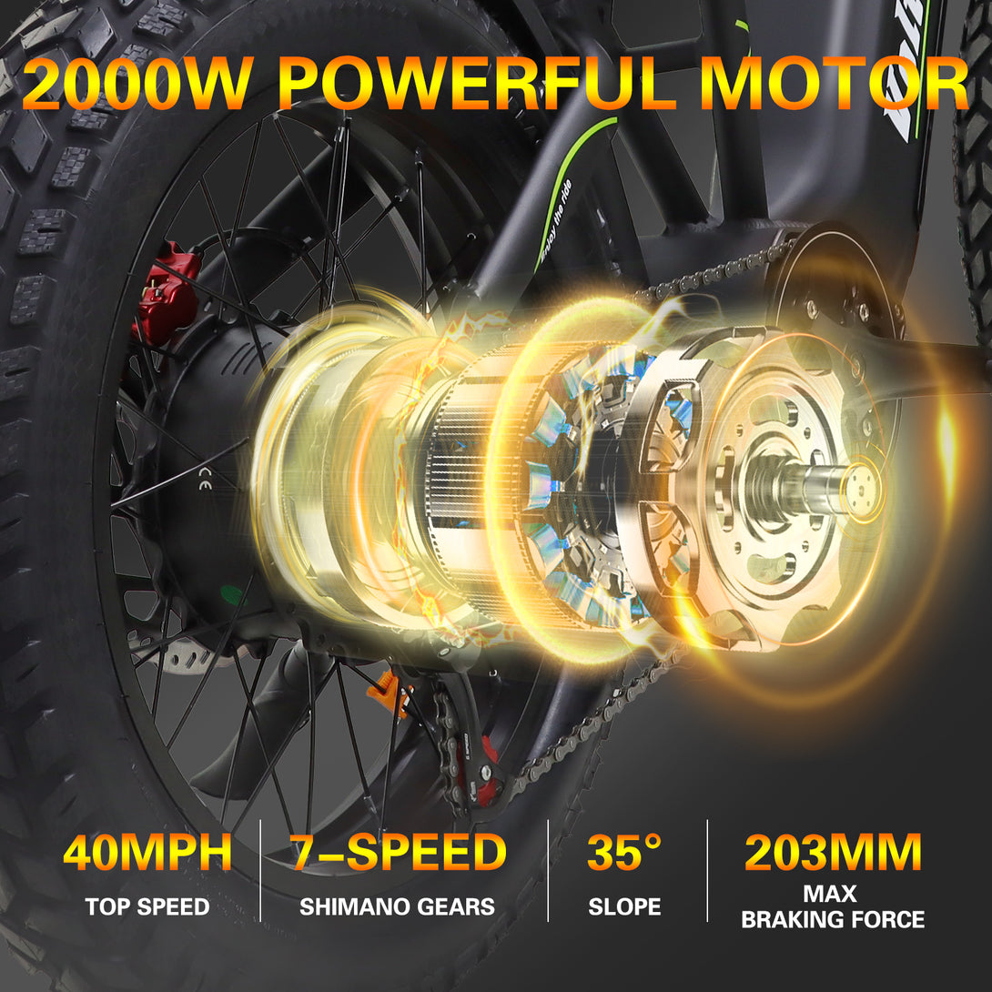The Baolujie M2 electric bicycle features a 2000W high - power motor, a top speed of 40 MPH, and is an all - terrain electric bicycle. It has a 60V 25AH large battery, providing a maximum range of 60 - 75 miles, and 20''4 wide tires. - baolujieebikes