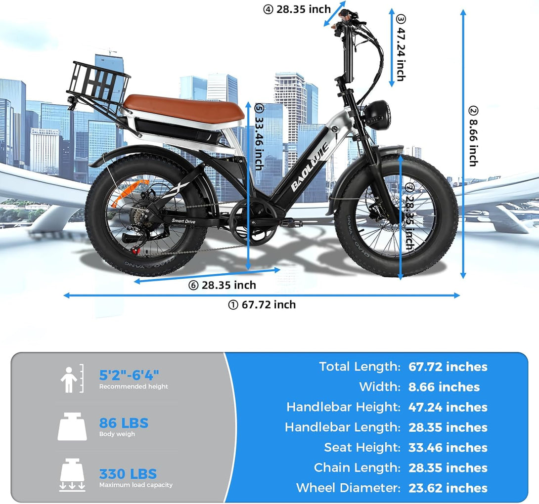 baolujie 1000W Ebike for Adults, AWD Fat Tire Electric Bike with Dual Removable Battery (15+15Ah) USB Port & Head Lights Electric Commute Bicycles for Picnic, City, Beach, Snow, All Terrain (Black) - baolujieebikes
