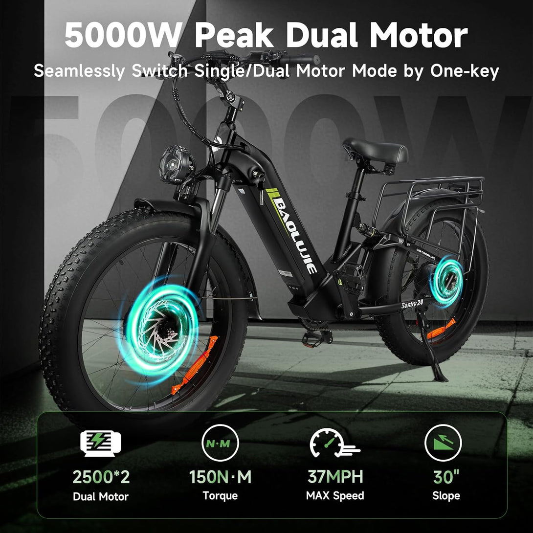 baolujie 2402 Peak 3000W Electric Bike for Aadults, AWD Dual Motor Ebike with Full Suspension Head & Rear Light Electric Mountain Dirt Bicycle (Dual Motor ebike Black 3) - baolujieebikes