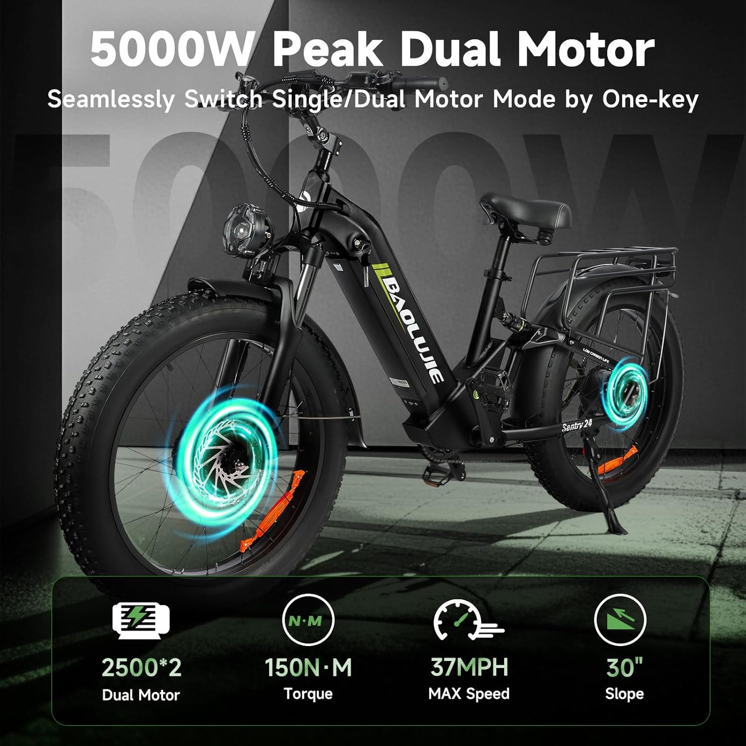 baolujie 2402 Peak 3000W Electric Bike for Aadults, AWD Dual Motor Ebike with Full Suspension Head & Rear Light Electric Mountain Dirt Bicycle (Dual Motor ebike Black 3) - baolujieebikes