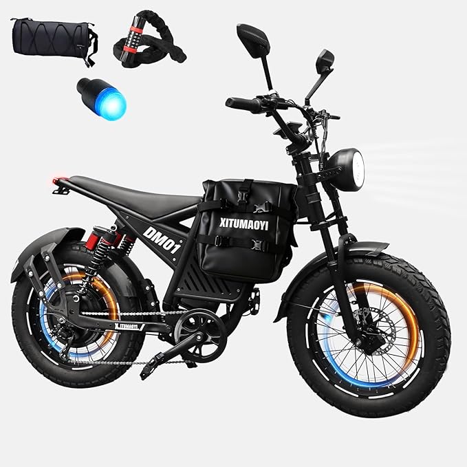 (b - side - dm01)DM01PRO Electric Bike for Adults 52MPH 60V 30AH Battery 20" x4 Fat Tire All Terrain Electric Bicycle Full Suspension E Bike ShiMN 7 Speed Ebikes for Night Riding Commuting - baolujieebikes