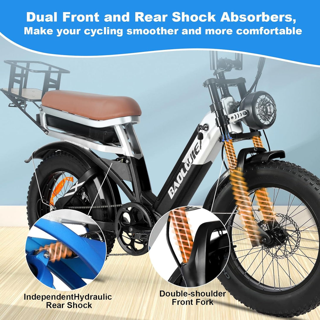 baolujie 1000W Ebike for Adults, AWD Fat Tire Electric Bike with Dual Removable Battery (15+15Ah) USB Port & Head Lights Electric Commute Bicycles for Picnic, City, Beach, Snow, All Terrain (Black) - baolujieebikes