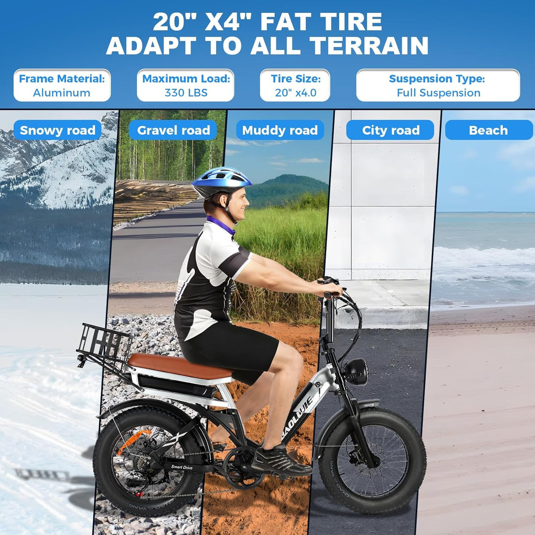 baolujie 1000W Ebike for Adults, AWD Fat Tire Electric Bike with Dual Removable Battery (15+15Ah) USB Port & Head Lights Electric Commute Bicycles for Picnic, City, Beach, Snow, All Terrain (Black) - baolujieebikes