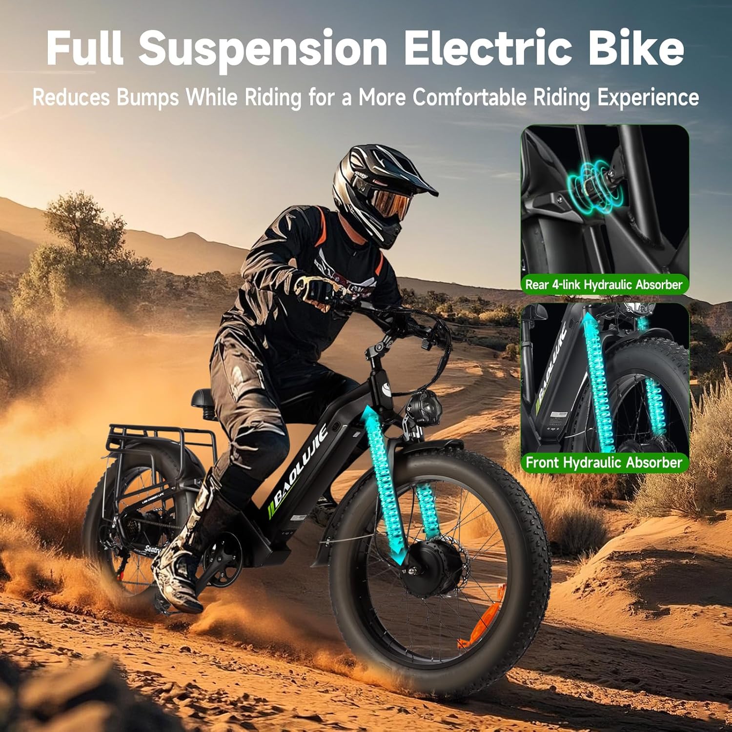 baolujie 2402 Peak 3000W Electric Bike for Aadults, AWD Dual Motor Ebike with Full Suspension Head & Rear Light Electric Mountain Dirt Bicycle (Dual Motor ebike Black 3) - baolujieebikes