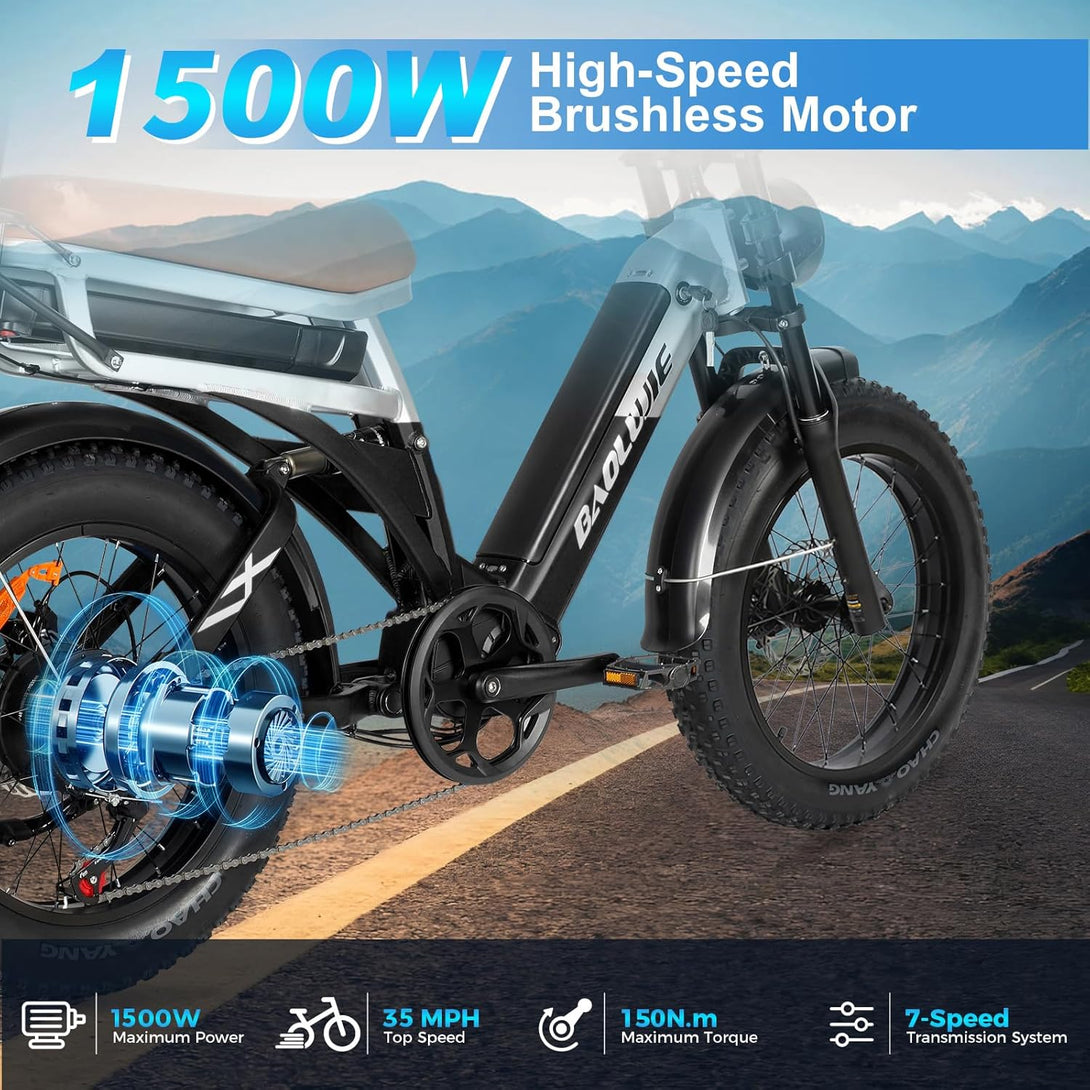 baolujie 1000W Ebike for Adults, AWD Fat Tire Electric Bike with Dual Removable Battery (15+15Ah) USB Port & Head Lights Electric Commute Bicycles for Picnic, City, Beach, Snow, All Terrain (Black) - baolujieebikes