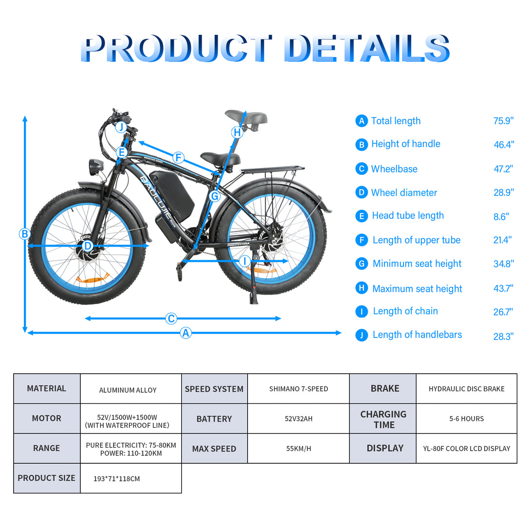 baolujie 2602 Pro Dual Motor Electric Mountain Bike Pro Version 52V 32AH Dual 1500W Motor 55km/h Speed 26*4'' Tire Size Adult Electric Bicycle - baolujieebikes
