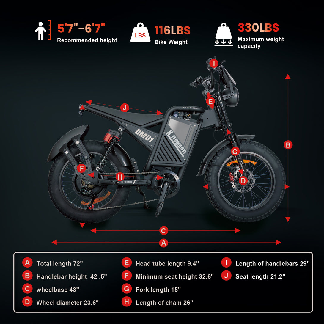 (b - side - dm01)DM01PRO Electric Bike for Adults 52MPH 60V 30AH Battery 20" x4 Fat Tire All Terrain Electric Bicycle Full Suspension E Bike ShiMN 7 Speed Ebikes for Night Riding Commuting - baolujieebikes