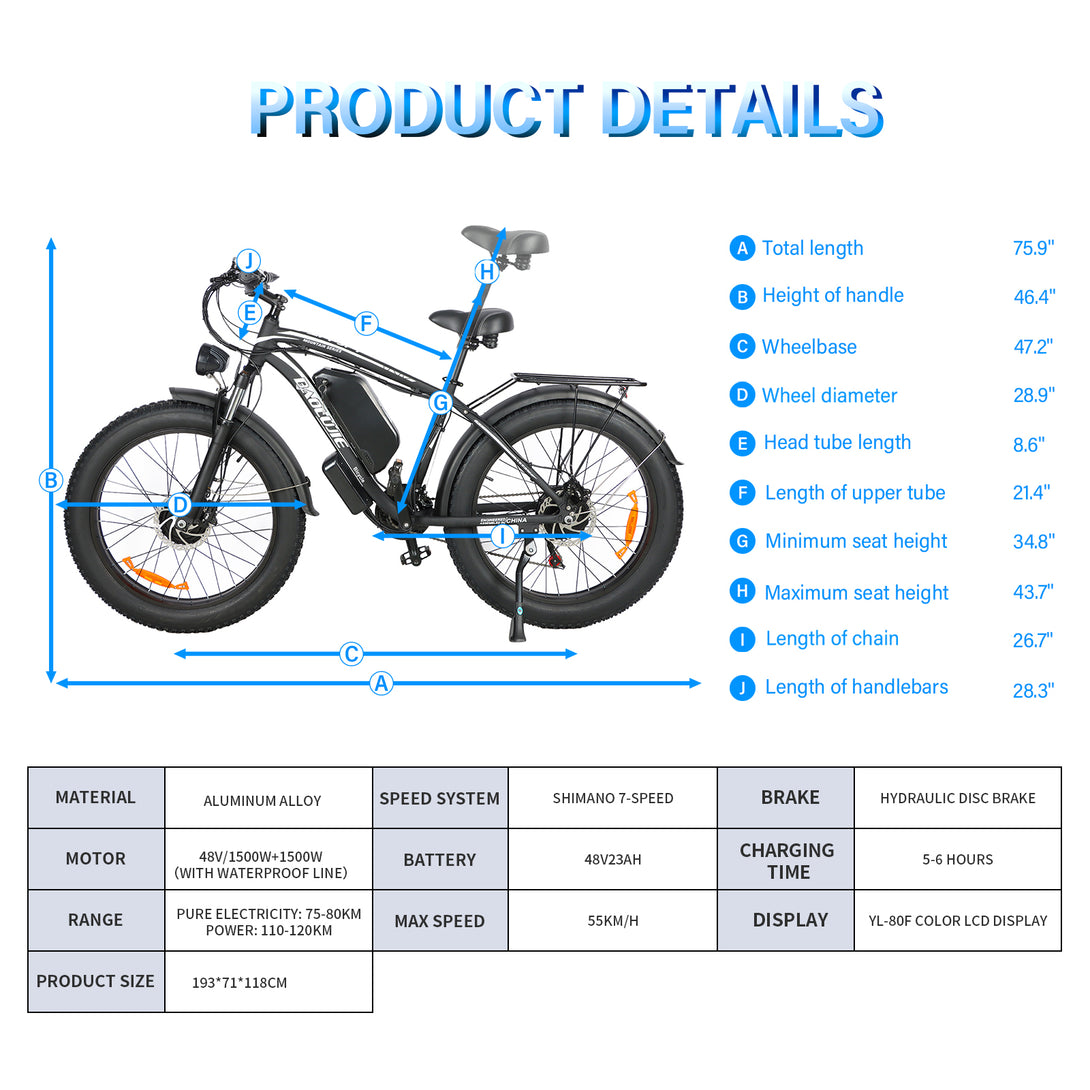 Baolujie 2602 Dual Motor Electric Mountain Bike 48V 23AH Max Speed 55KM/H 26*4'' Fat tire Adult off - road - baolujieebikes