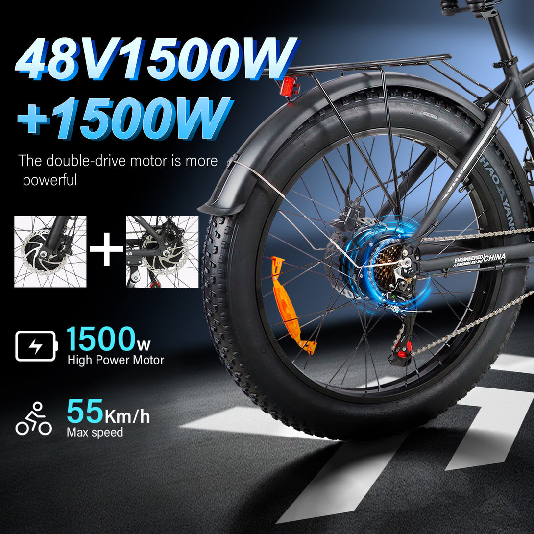 Baolujie 2602 Dual Motor Electric Mountain Bike 48V 23AH Max Speed 55KM/H 26*4'' Fat tire Adult off - road - baolujieebikes