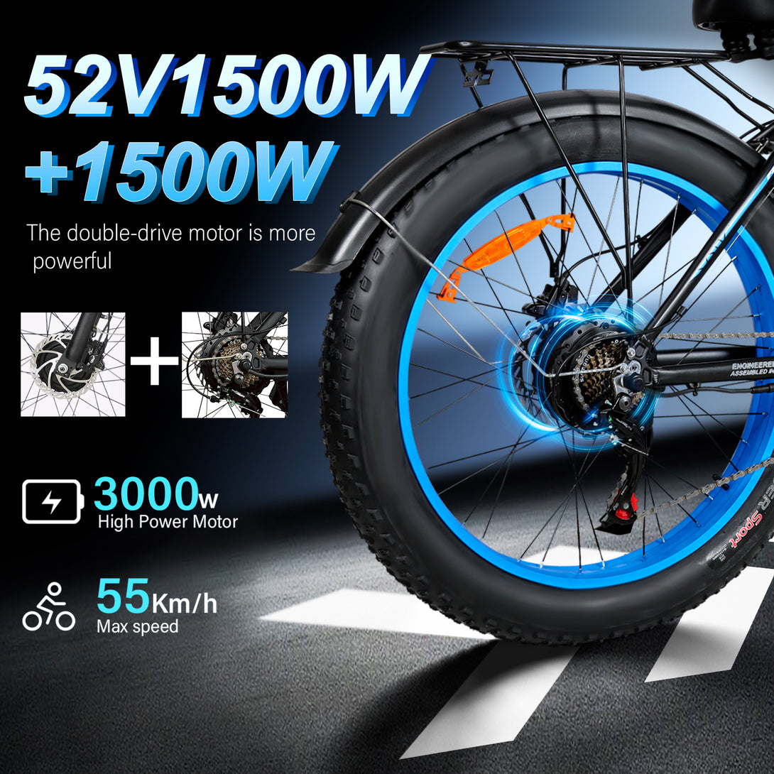 baolujie 2602 Pro Dual Motor Electric Mountain Bike Pro Version 52V 32AH Dual 1500W Motor 55km/h Speed 26*4'' Tire Size Adult Electric Bicycle - baolujieebikes