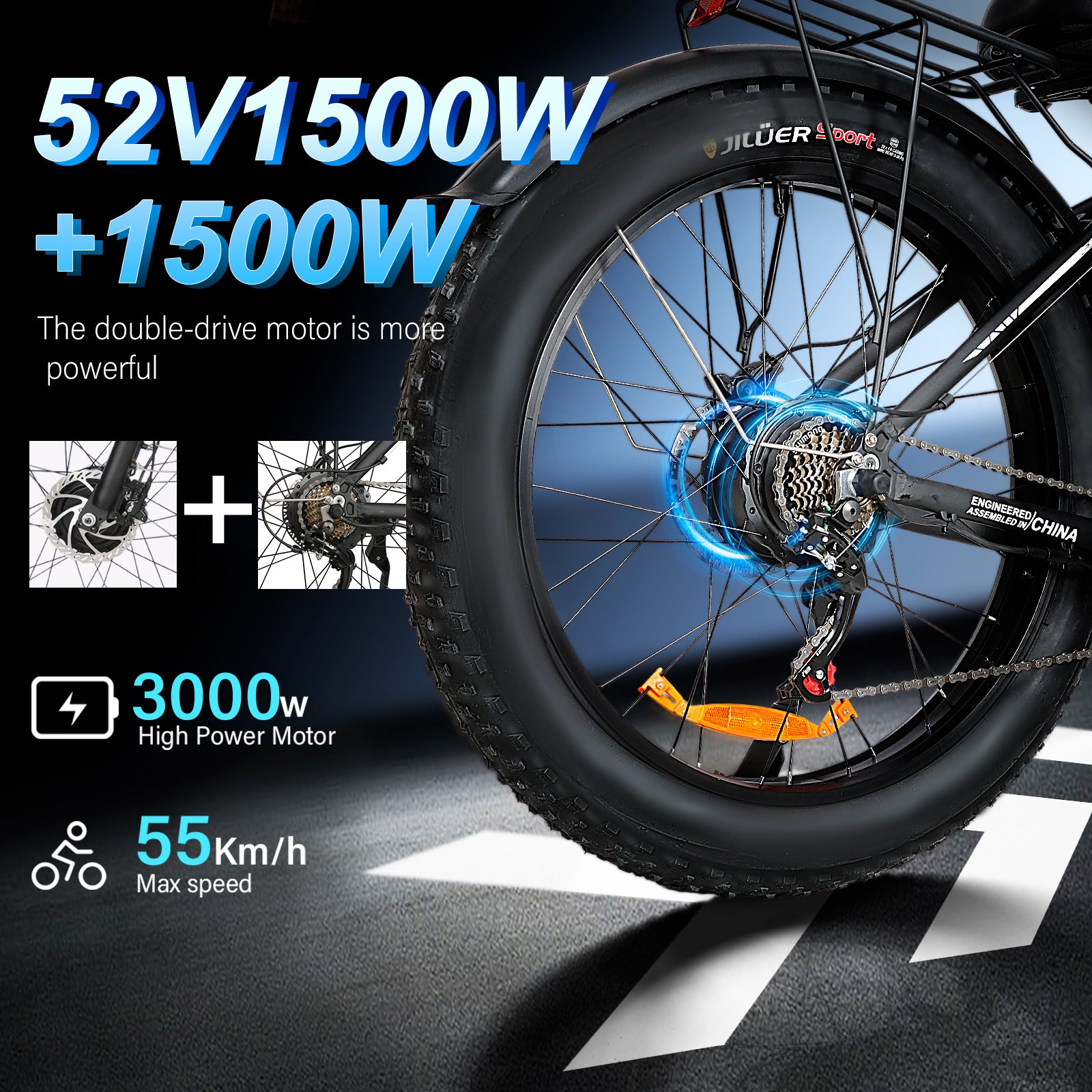 （B - side - 2602pro）AWD Electric Bike for Adults Peak 4000W 38MPH | 53V32AH Battery |100Miles Range| Hydraulic Disc Brakes|ShiMN 21 Speed | UL Certified | Adjustive Suspension 26''×4.0 Fat Tire Ebike - baolujieebikes